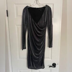 White House Black Market Faux Wrap Long Sleeve Sparkle Glitter Gray Dress Size 6